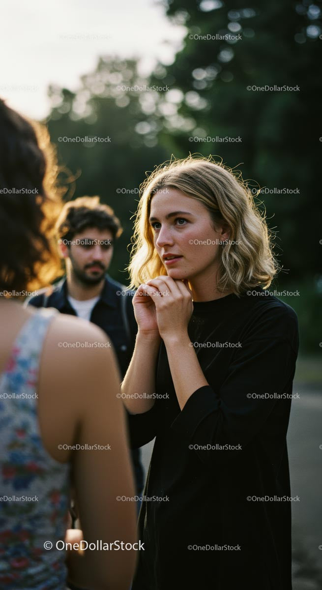 Young Woman Engages in Outdoor Conversation