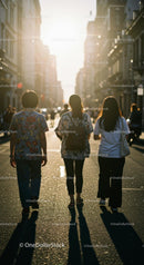 Friends Walking in Sunlit Urban Street at Sunset