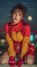 Fashionable Woman in Vibrant Outfit at Night