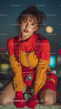 Fashionable Woman in Vibrant Outfit at Night