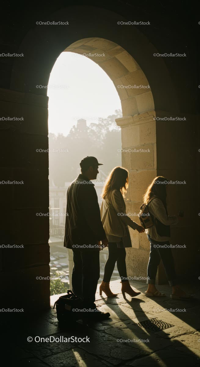 Silhouetted Trio Walking Through Sunlit Archway