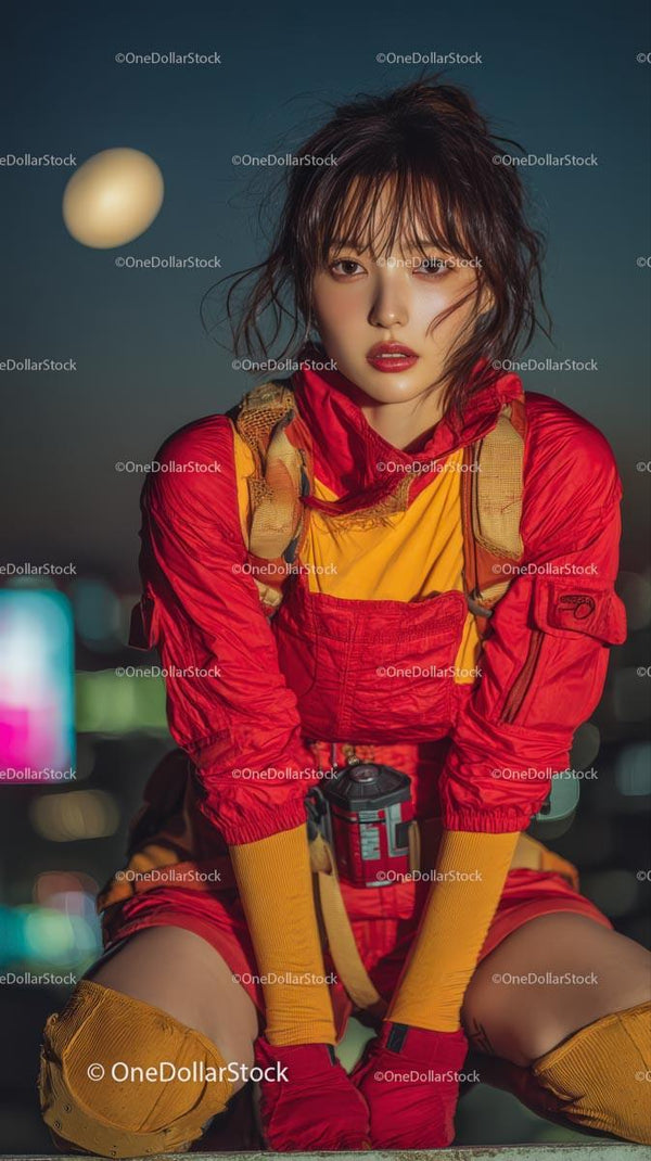 Fashionable Young Woman in Vibrant Red and Yellow Attire