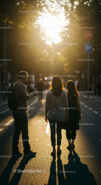 Silhouettes of Friends Walking at Sunset in City