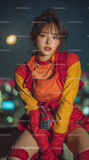 Fashionable Woman in Vibrant Urban Nightscape