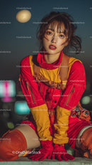 Stylish Woman in Vibrant Red Outfit at Night