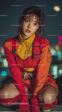 Woman in Red and Yellow Jumpsuit with Urban Night Skyline