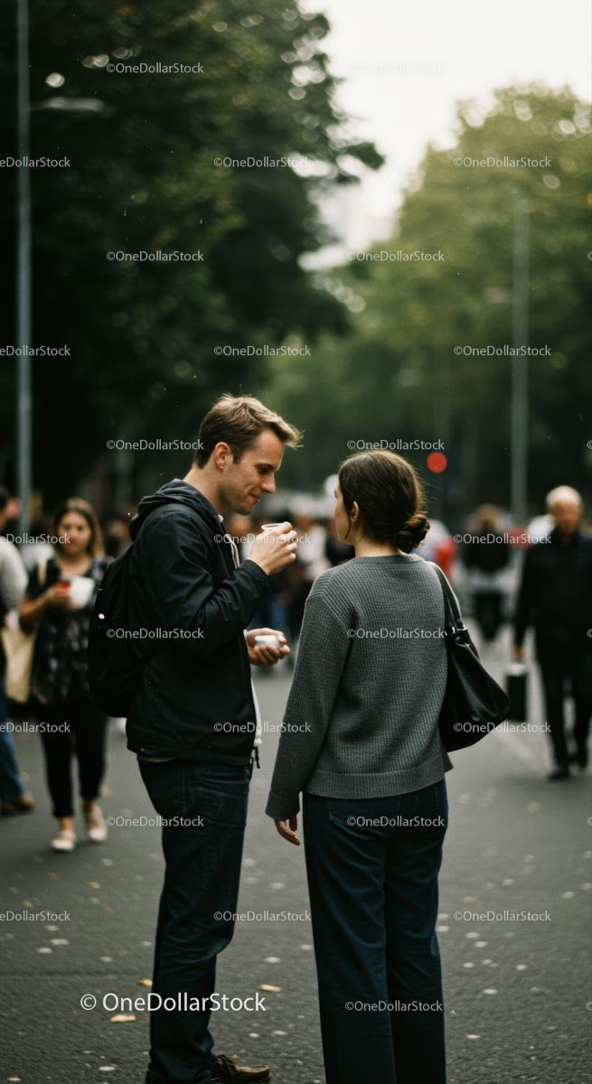 People Engaged in Conversation on a Busy City Street