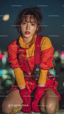 Stylish Woman in Red and Orange Outfit at Night