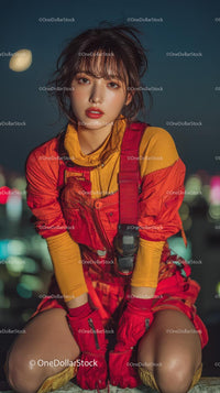 Stylish Woman in Red and Orange Outfit at Night