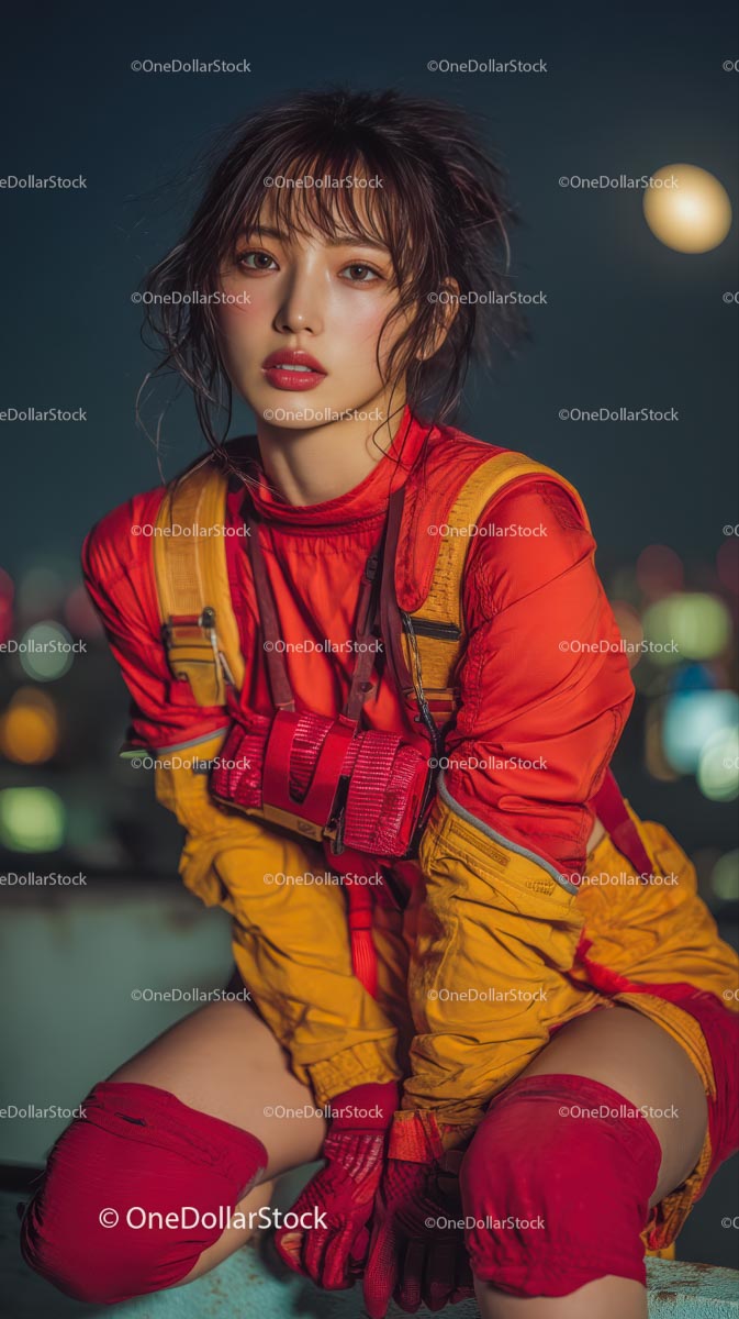 Stylish Model in Red and Yellow Outfit with City Lights