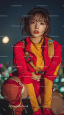 Trendy Woman in Vibrant Red Jacket at Night