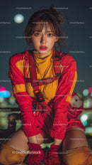 Youthful Urban Fashion with Vibrant Night City Background
