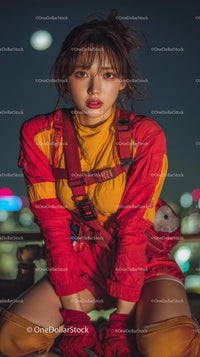 Youthful Urban Fashion with Vibrant Night City Background