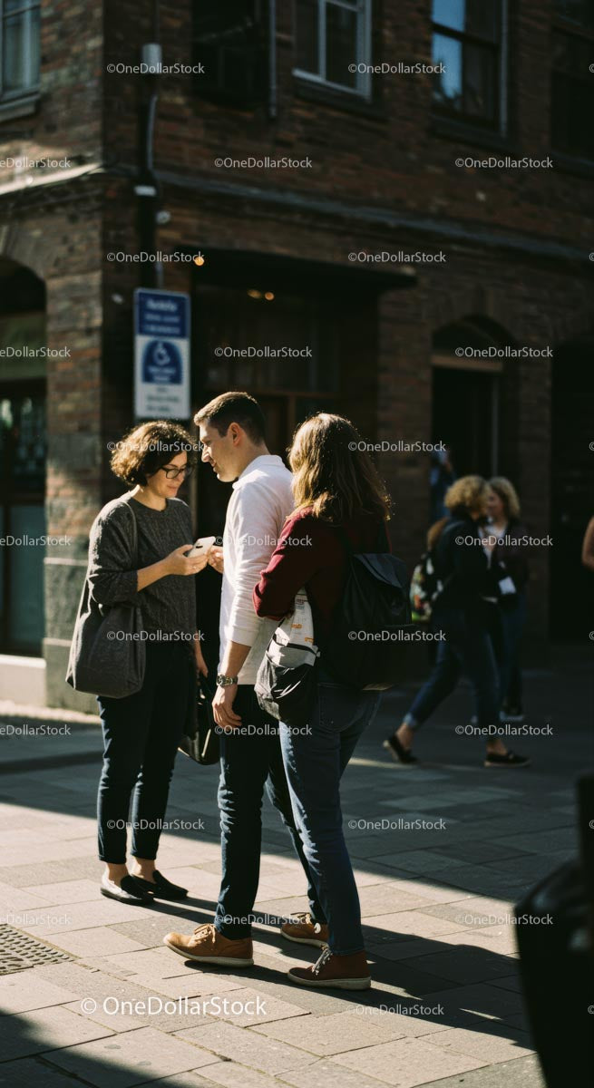 Group of Friends Chatting on a Sunlit City Street