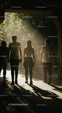 People Walking Through Sunlit Forest Path