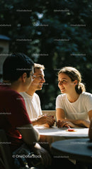 Friends Enjoying Conversation in Sunlit Outdoor Cafe