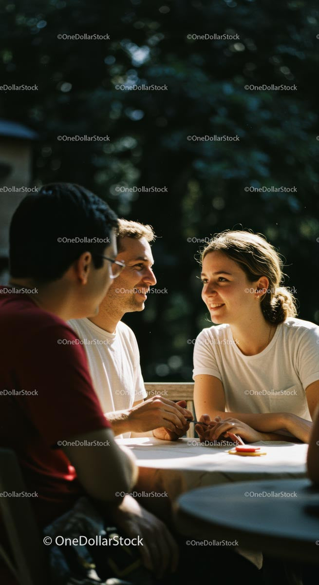Friends Enjoying Conversation in Sunlit Outdoor Cafe
