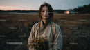 Pensive Woman Holding Yellow Wildflowers at Dusk
