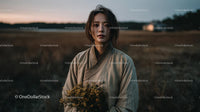 Pensive Woman Holding Yellow Wildflowers at Dusk