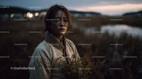 Pensive Woman Holding Yellow Wildflowers at Dusk
