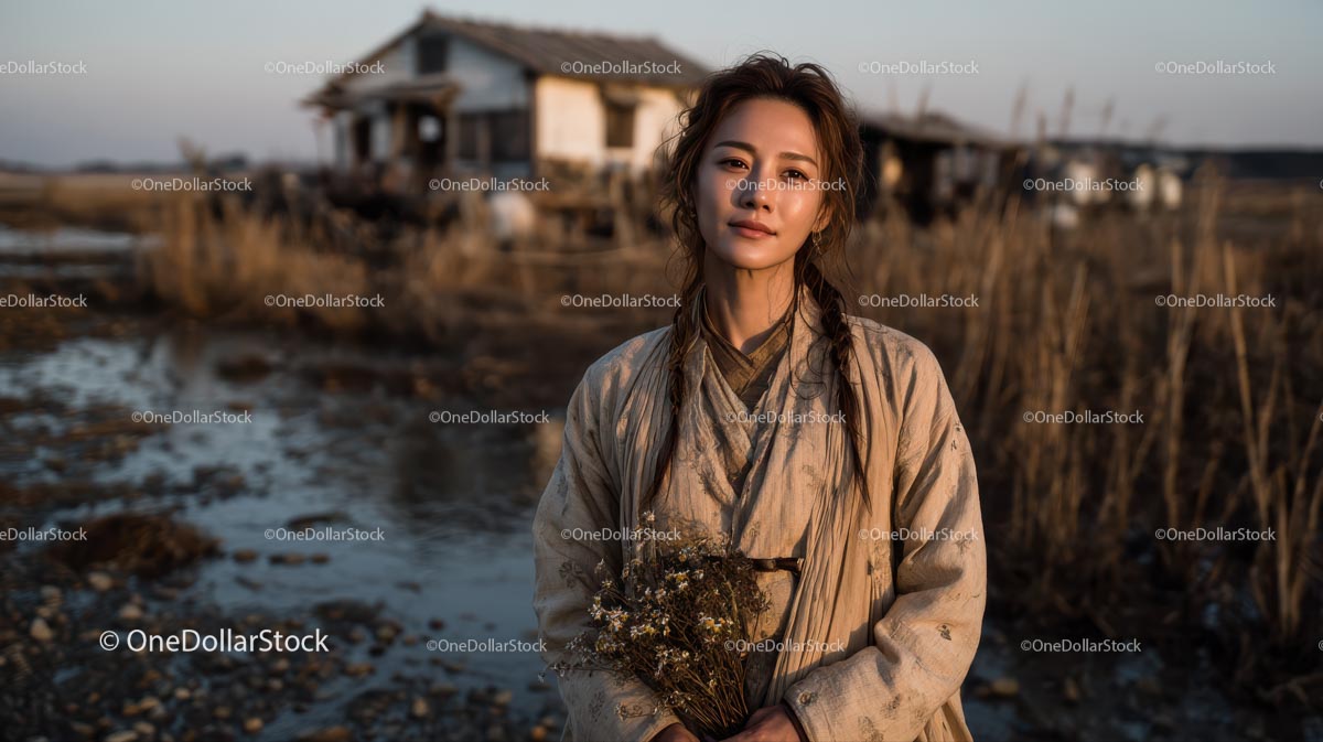Pensive Woman Holding Yellow Wildflowers at Dusk