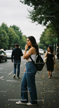 Young Woman in Casual Jeans Waiting on City Street