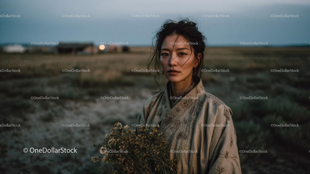 Pensive Woman Holding Yellow Wildflowers at Dusk