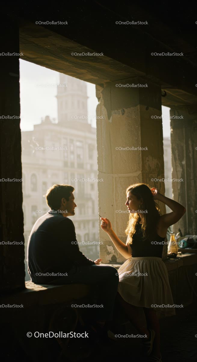 Casual Conversation in Sunlit Urban Setting
