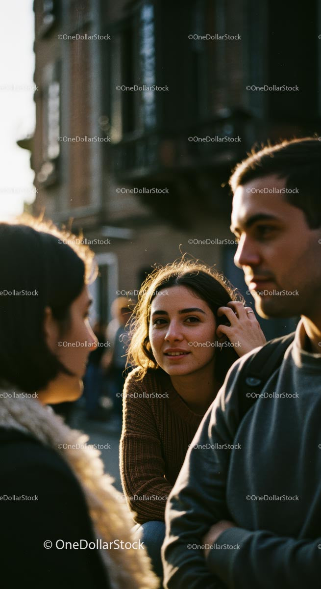Young Adults Conversing on Sunlit Urban Street