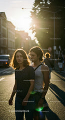 Young Couple Strolling Through City at Sunset