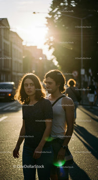 Young Couple Strolling Through City at Sunset