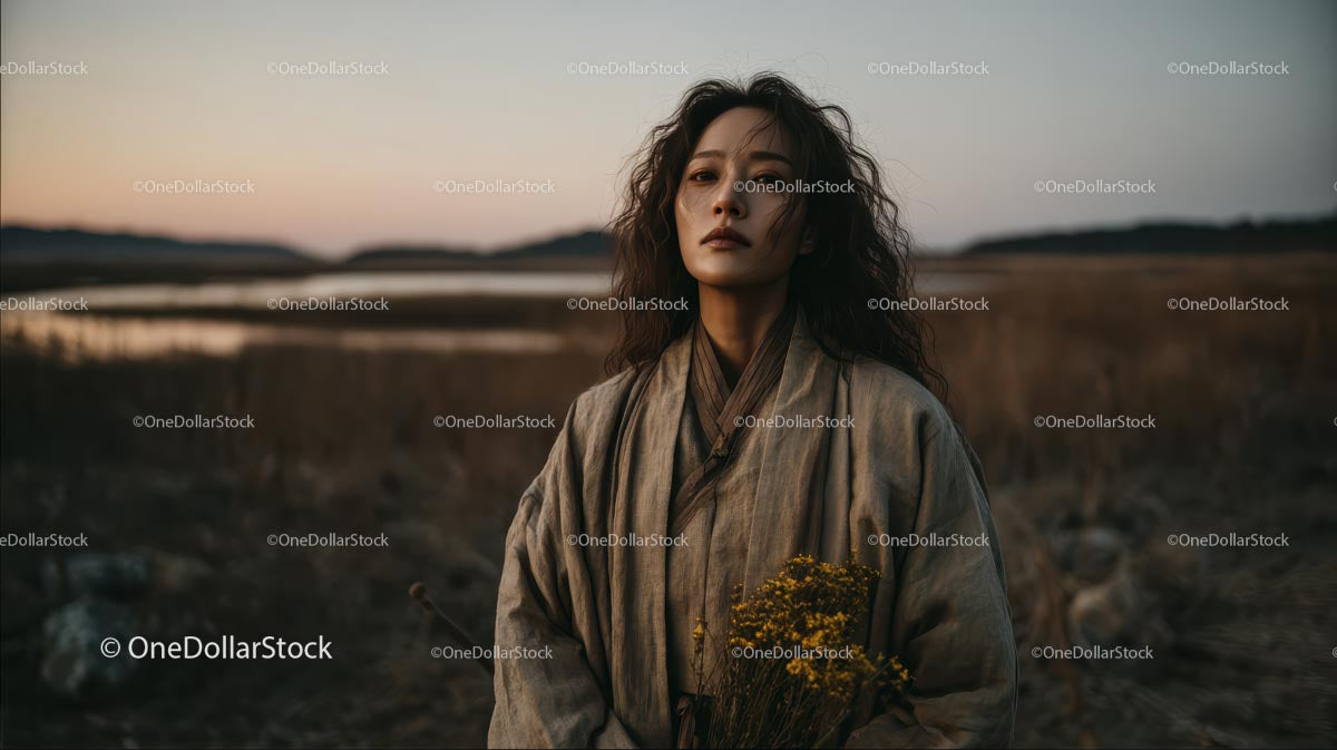 Pensive Woman Holding Yellow Wildflowers at Dusk