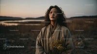 Pensive Woman Holding Yellow Wildflowers at Dusk