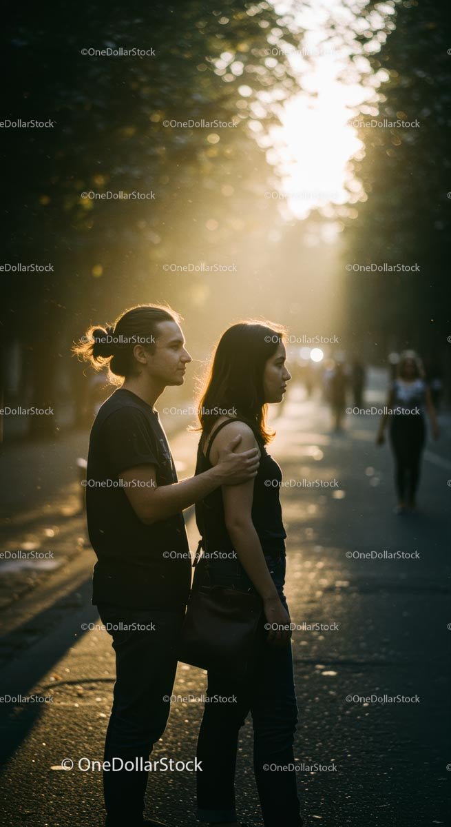 Couple Strolling in the Warm Glow of Sunset