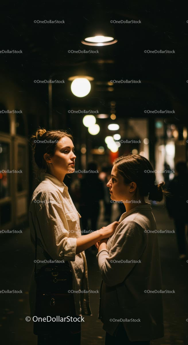 Two Women in Thoughtful Conversation Under Streetlights