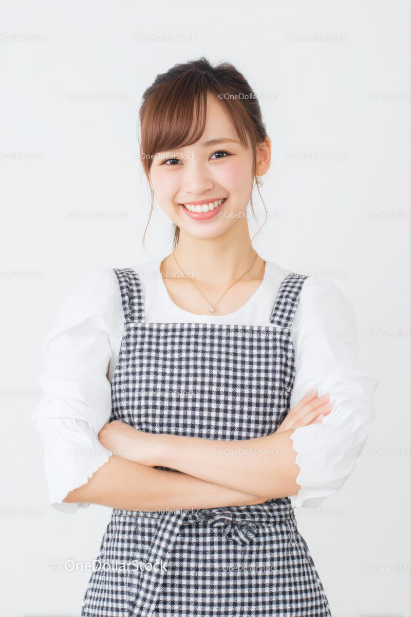 Smiling Woman in Gingham Dress on White Background (14 Images)