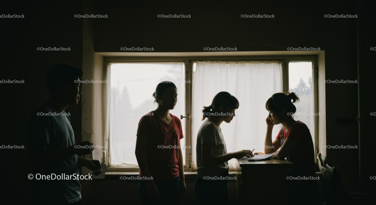 Silhouettes in Discussion by Sunlit Window