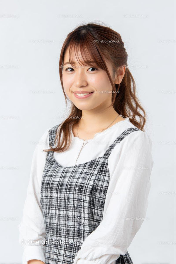 Smiling Woman in Plaid Dress with Confident Expression