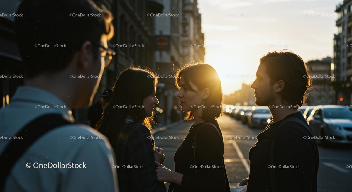 Urban Sunset Silhouettes with People on City Street