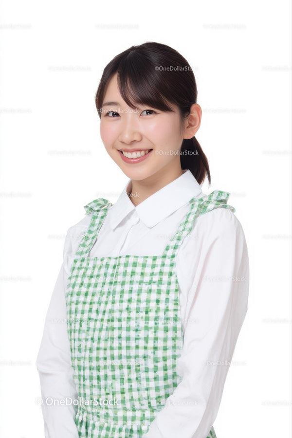 Smiling Woman in Green Gingham Apron