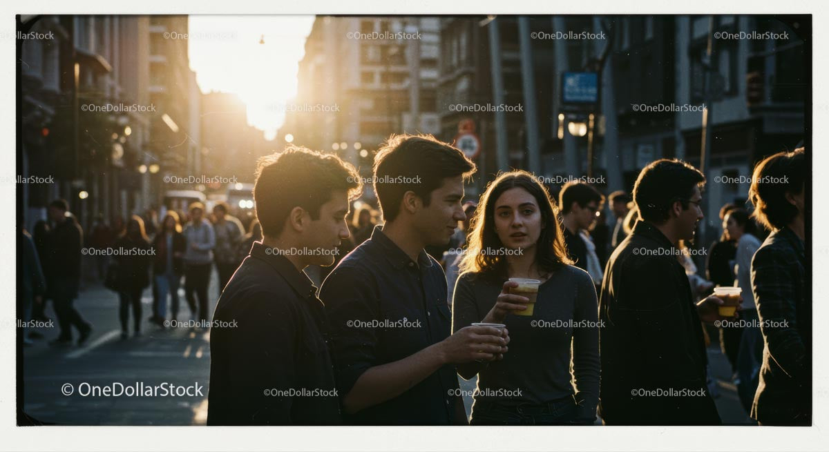 Casual Gathering at Sunset in Bustling City Street