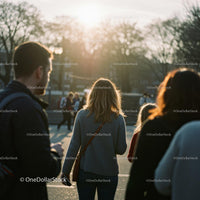 People Walking in Sunlit Urban Park