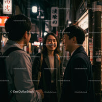 Friends Chatting Under City Lights at Night