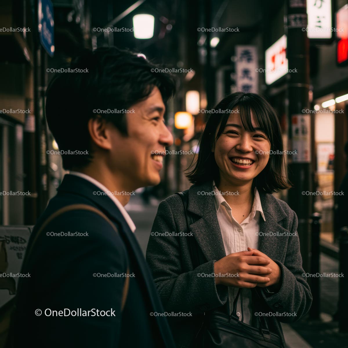 Smiling Friends Enjoying an Evening Walk in the City