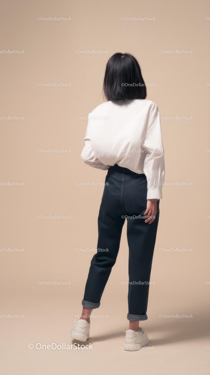 Woman in Casual Outfit Standing on Beige Background