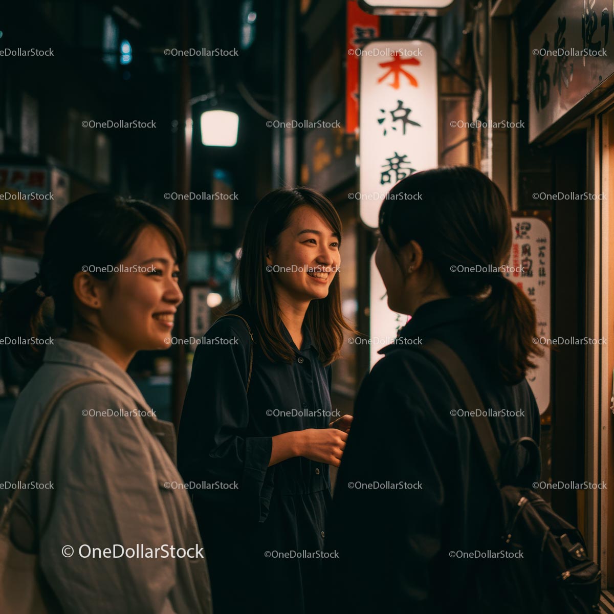 Friends Socializing in a Vibrant Nighttime City Scene