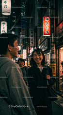 Friends Laughing on a Neon-Lit Street at Night