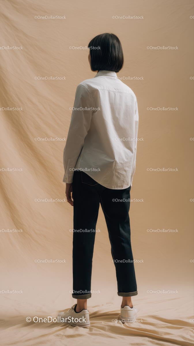 Minimalistyczna moda z kobietą w białej koszuli i czarnych spodniach