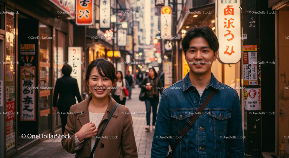 Smiling Young Adults Strolling through Bustling City Street