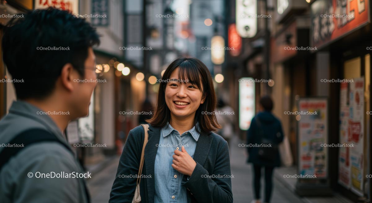 Smiling Woman Enjoying a Casual Chat in Urban Setting